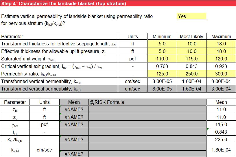 Step 4 of BT Case 6 worksheet: Probabilistic input without using @RISK for permeability ratio as input.
